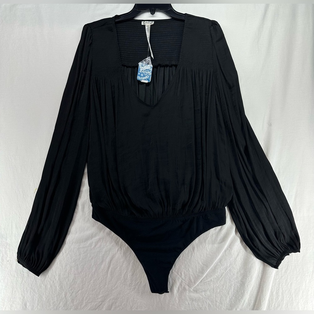 NEW Free People Intimately Smockin’ & Rockin’ Long Sleeve Satin Bodysuit Black L